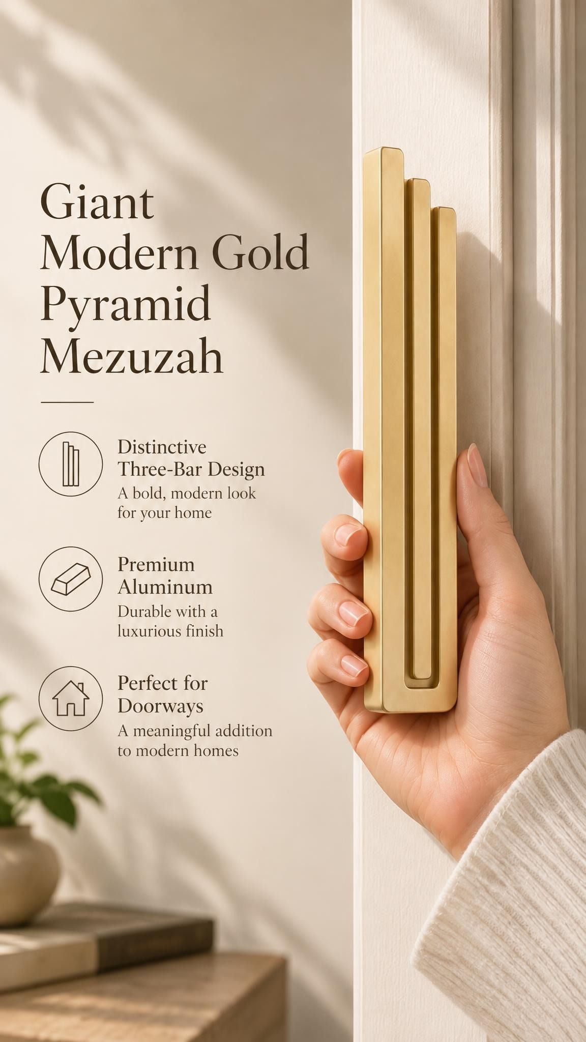 A hand presents the Giant Modern Gold Pyramid Mezuzah with its warm metallic gold aluminum mezuzah cover facing forward, highlighting the clean graduated bars and geometric vertical profile beside design illustrations for a architectural Jewish doorway accent