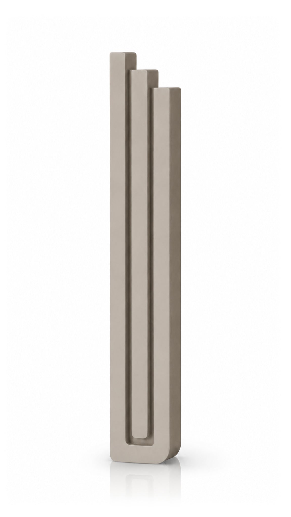 Giant Modern Sandstone Pyramid Mezuzah shown from the front as a warm taupe sandstone aluminum mezuzah cover, with three graduated vertical bars forming a architectural stepped design and a gently rounded lower edge for modern Jewish doorway decor