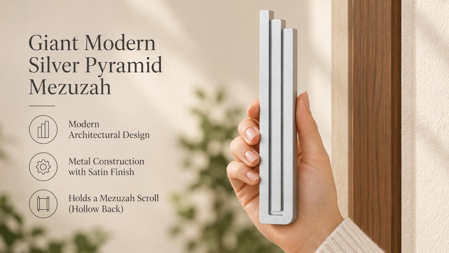 Giant Modern Silver Pyramid Mezuzah pictured in hand as a softly brushed silver aluminum mezuzah cover with three graduated bars and a architectural stepped design, alongside its name and illustrated product features in a wide social-sharing image