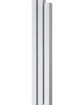 Giant Modern Silver Pyramid Mezuzah shown from the front as a softly brushed silver aluminum mezuzah cover, with three graduated vertical bars forming a architectural stepped design and a gently rounded lower edge for modern Jewish doorway decor
