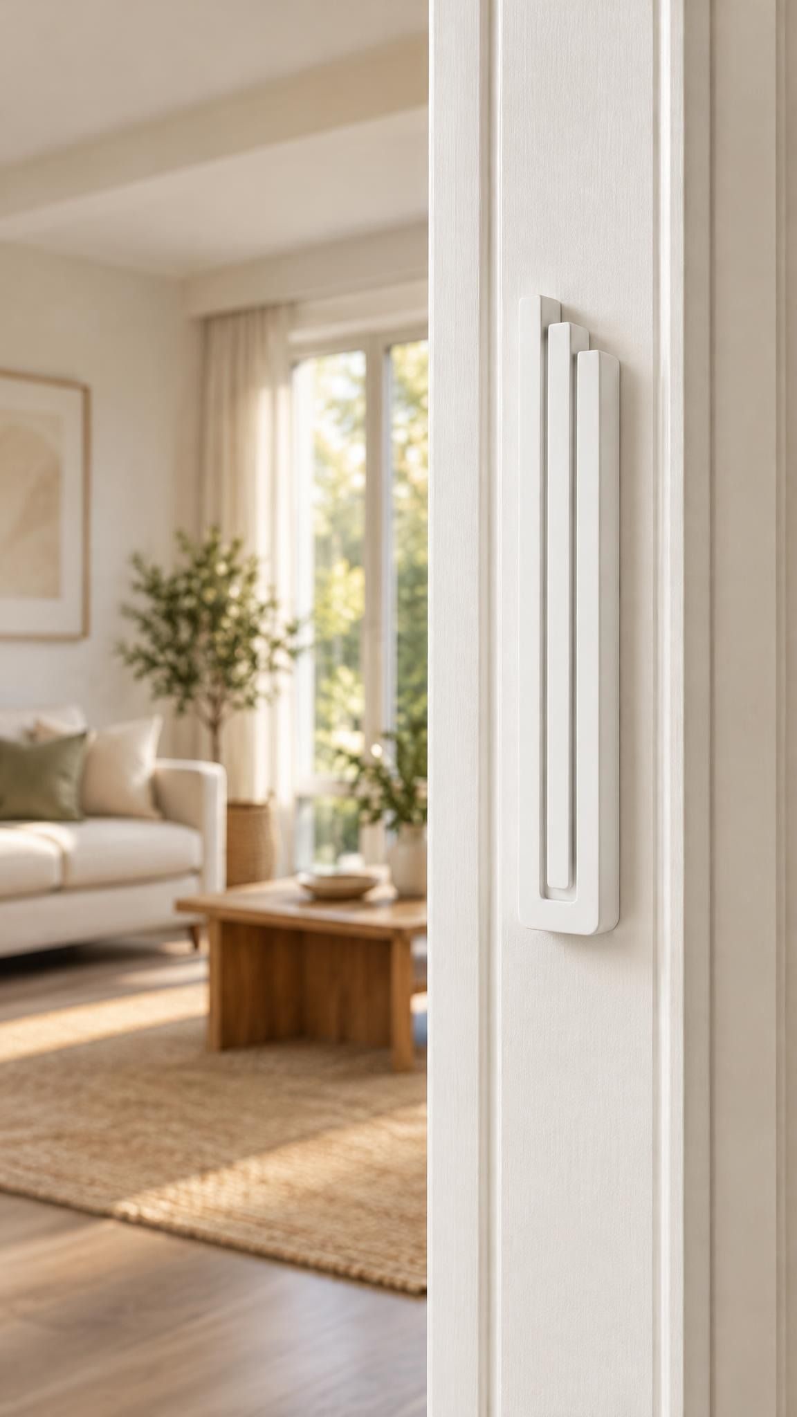 Giant Modern White Pyramid Mezuzah mounted vertically on a white interior doorpost, where its smooth matte white aluminum mezuzah cover and three graduated bars create a architectural Judaica accent with clean geometric lines against the pale doorframe