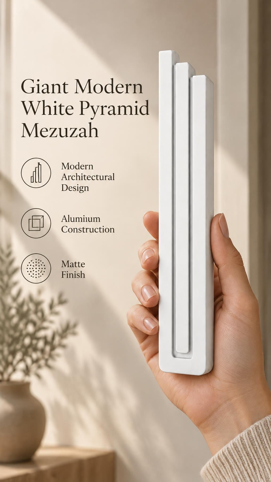 Hand holding the Giant Modern White Pyramid Mezuzah upright, revealing its smooth matte white aluminum mezuzah cover, slender three-bar Pyramid design and graduated top beside illustrated product features for architectural Jewish home Judaica