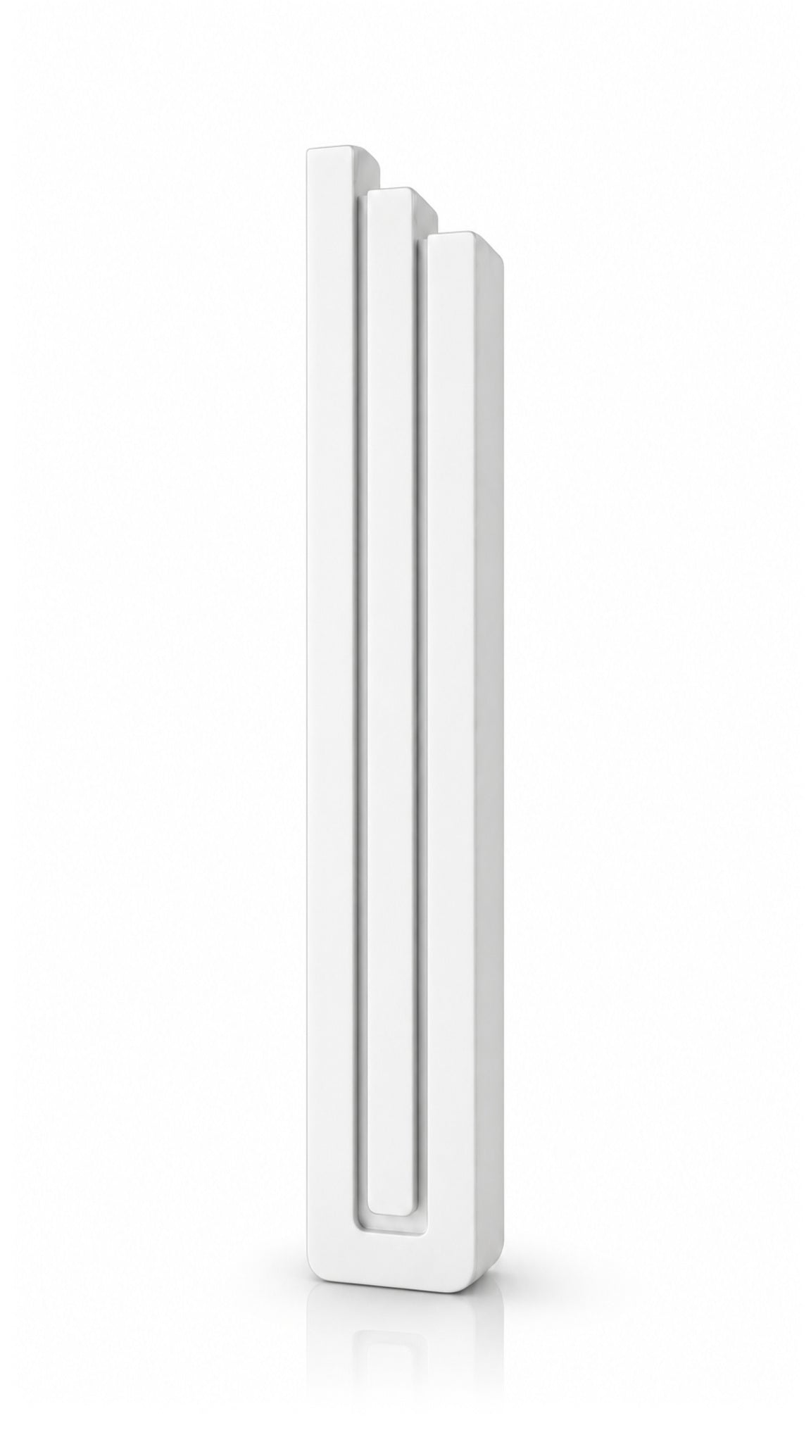 Giant Modern White Pyramid Mezuzah shown from the front as a smooth matte white aluminum mezuzah cover, with three graduated vertical bars forming a architectural stepped design and a gently rounded lower edge for modern Jewish doorway decor