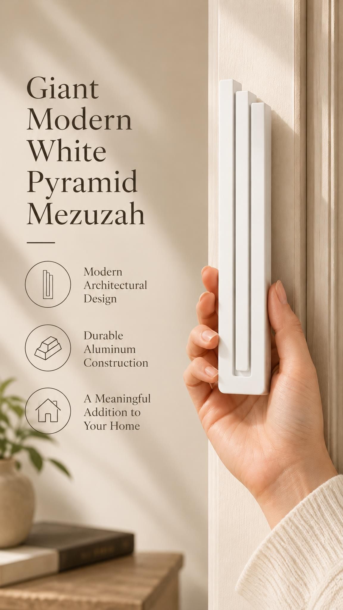 A hand presents the Giant Modern White Pyramid Mezuzah with its smooth matte white aluminum mezuzah cover facing forward, highlighting the clean graduated bars and geometric vertical profile beside design illustrations for a architectural Jewish doorway accent