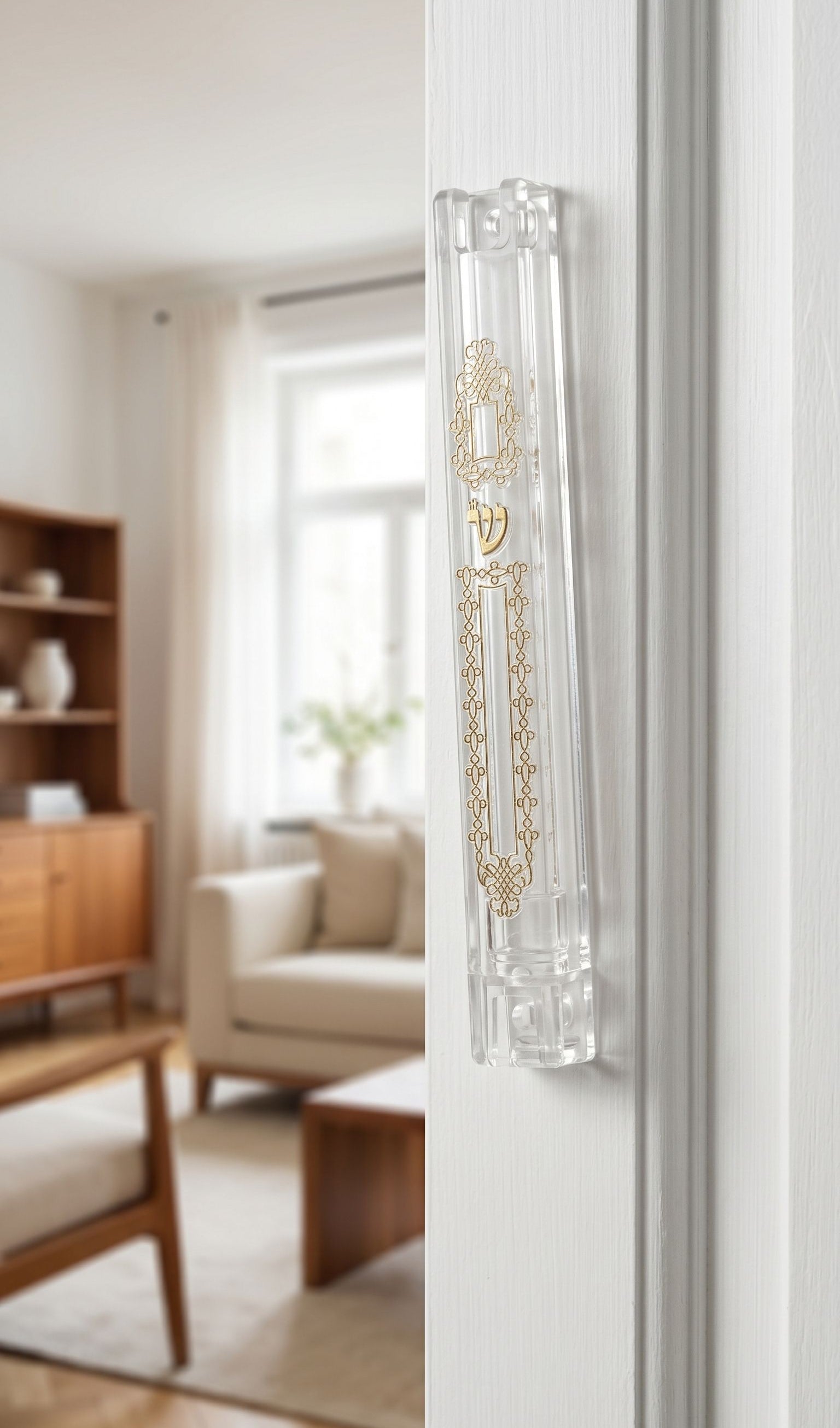 Elegant clear lucite mezuzah case with gold detailing on interior doorway wall, complementing modern interior design.