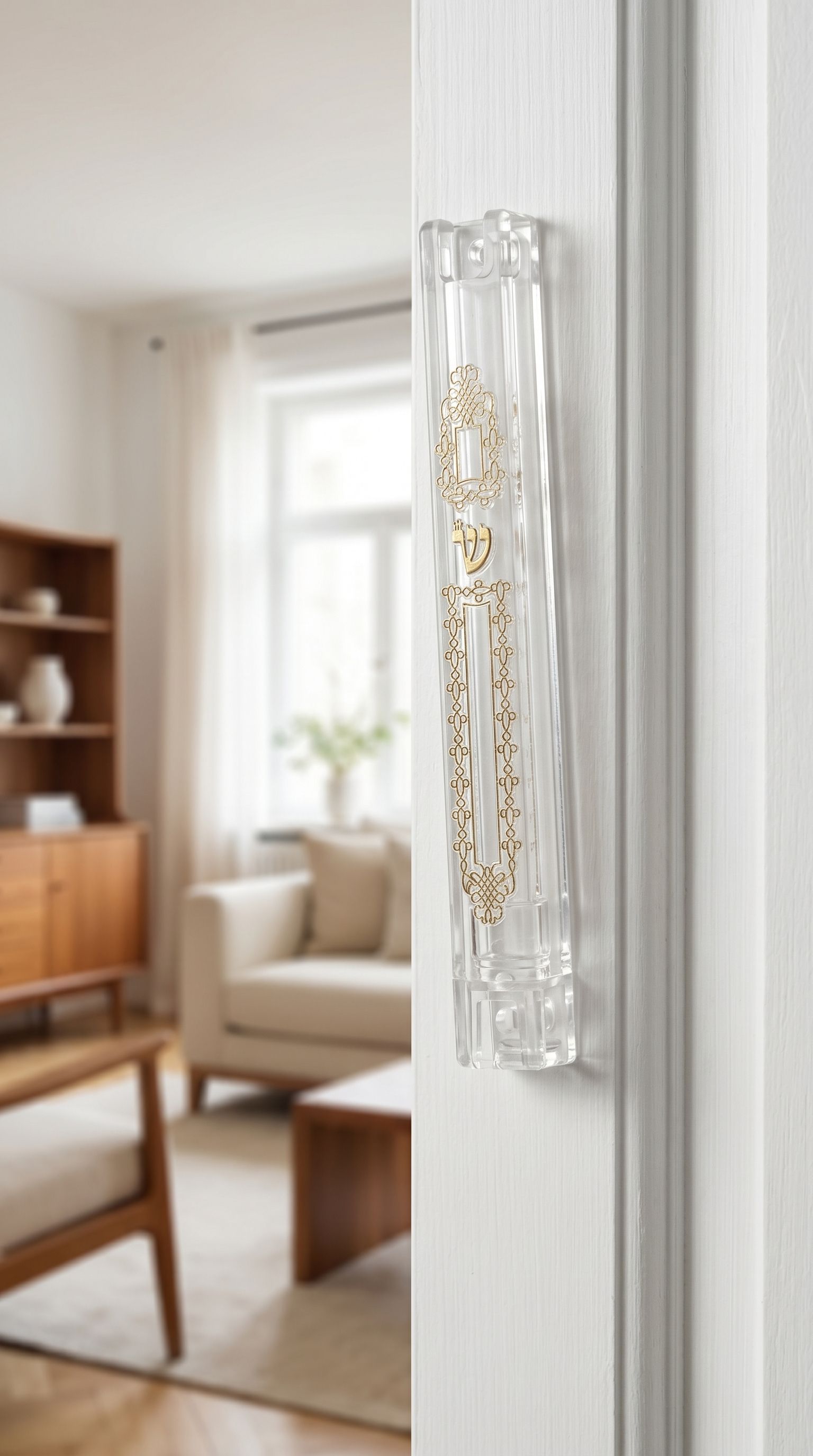 Elegant clear lucite mezuzah case with gold detailing on interior doorway wall, complementing modern interior design.