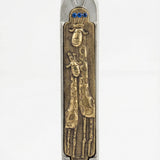 Elegant Giraffe Mezuzah made of pewter and brass, 5 inches tall, with Hebrew engravings, mounted on a white studio background with soft reflection.