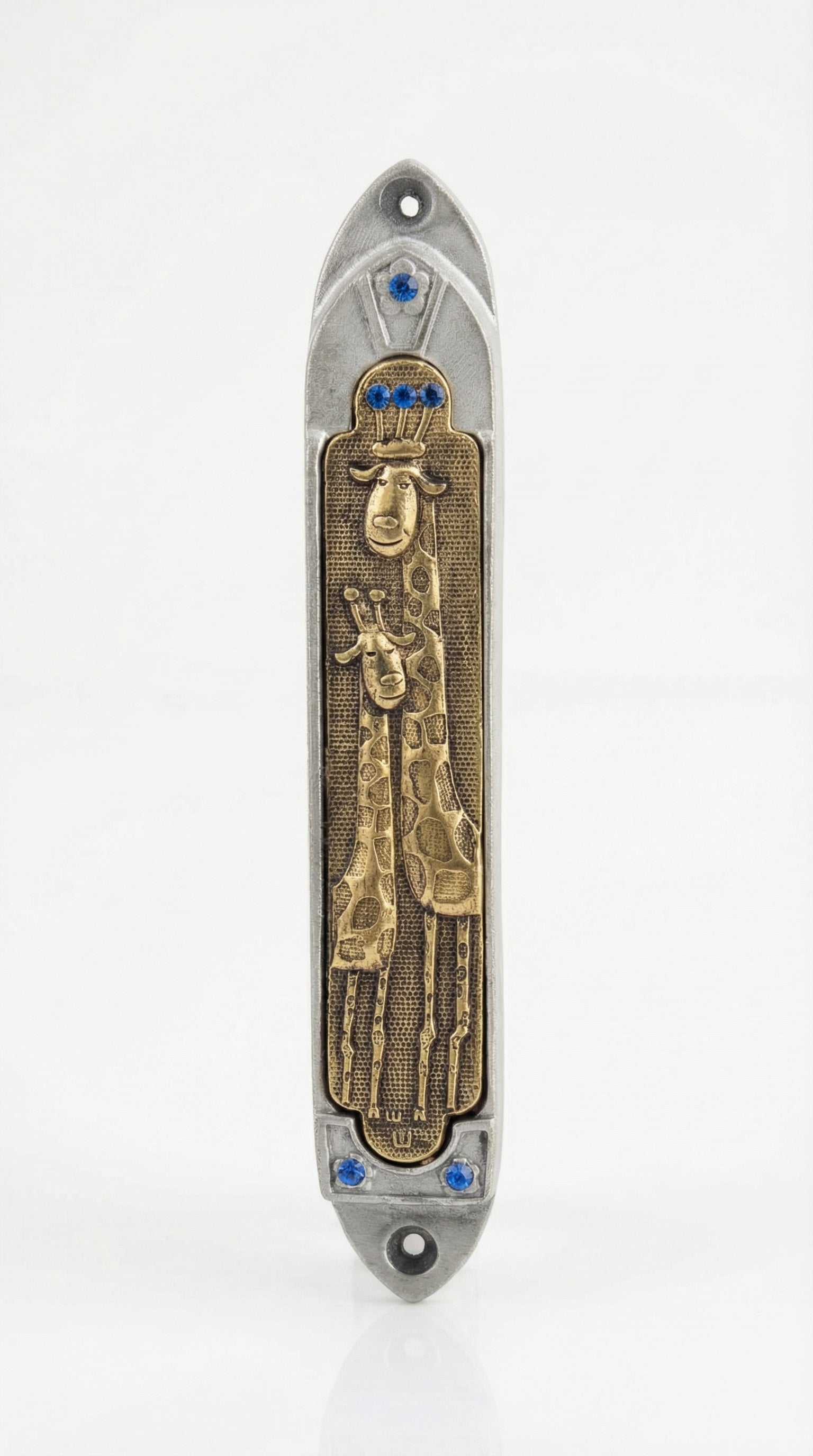 Elegant Giraffe Mezuzah made of pewter and brass, 5 inches tall, with Hebrew engravings, mounted on a white studio background with soft reflection.