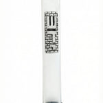 Elegant glass and pewter mezuzah in a studio setting with bright white background, detailed metal finish, engraved Hebrew letters, and soft reflection.