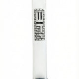 Elegant glass and pewter mezuzah in a studio setting with bright white background, detailed metal finish, engraved Hebrew letters, and soft reflection.