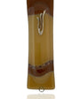 Elegant brown glass Mezuzah measuring 4.5 inches tall, with detailed engraved Hebrew letters and decorative motifs, on a white background with subtle reflection.