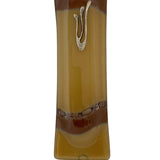 Elegant brown glass Mezuzah measuring 4.5 inches tall, with detailed engraved Hebrew letters and decorative motifs, on a white background with subtle reflection.