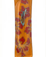 Glass art Mezuzah in vibrant orange color with detailed engraved Hebrew lettering, displayed against a white studio background with subtle reflection.