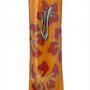 Glass art Mezuzah in vibrant orange color with detailed engraved Hebrew lettering, displayed against a white studio background with subtle reflection.