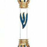 Hand-painted glass and metal Crown Mezuzah with blue enamel and tiny decorative stones, displayed vertically with bright white background.