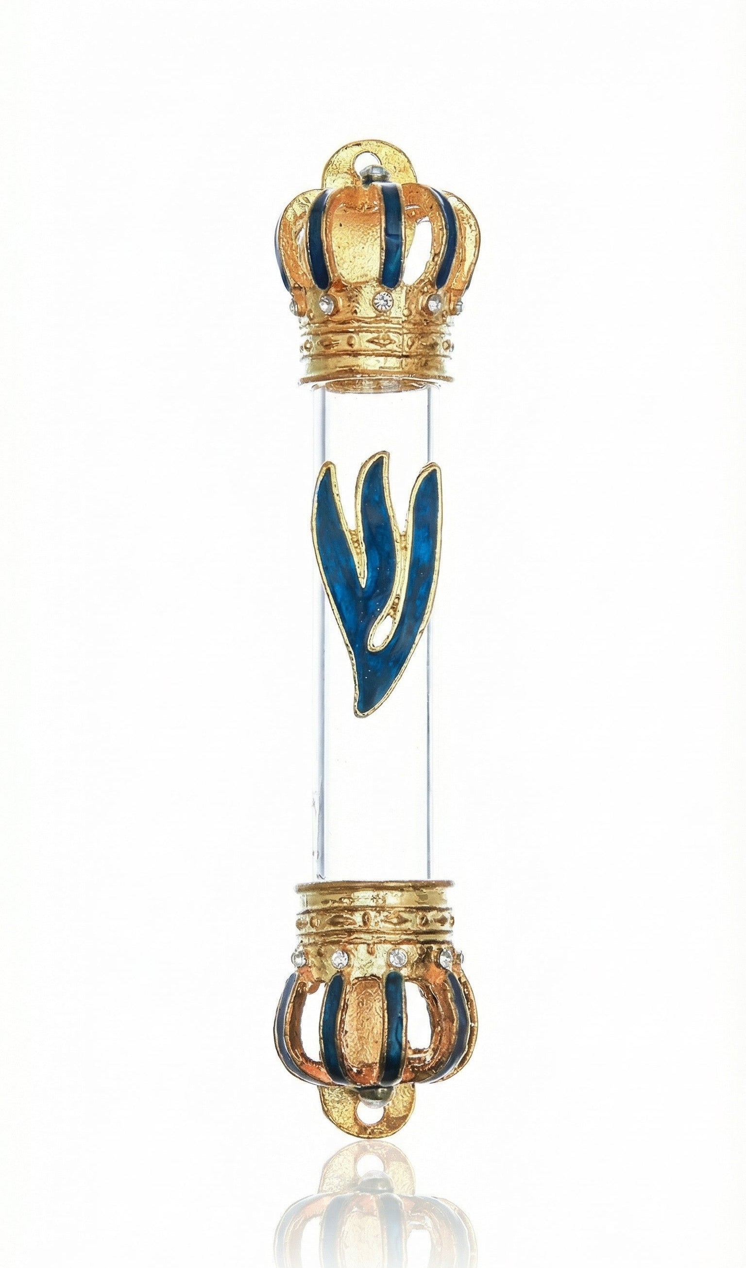 Hand-painted glass and metal Crown Mezuzah with blue enamel and tiny decorative stones, displayed vertically with bright white background.