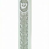 Elegant glass mezuzah made in Israel, measuring 5.5 inches, with detailed Hebrew engravings, mounted on a clean white background with soft reflection.