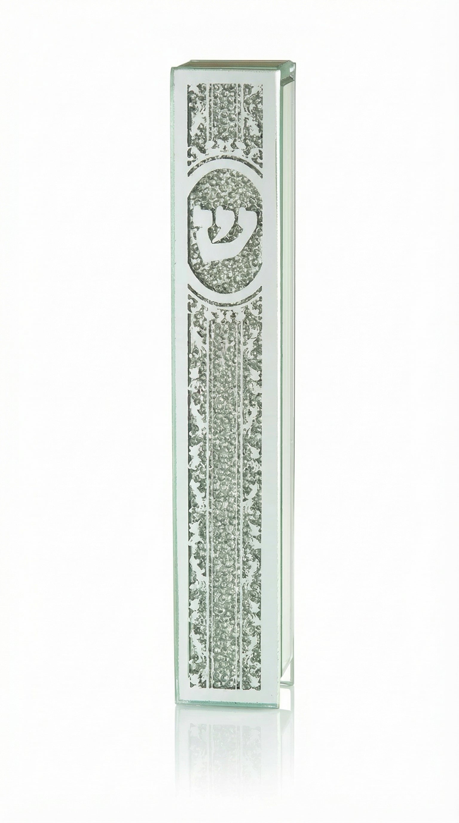 Elegant glass mezuzah made in Israel, measuring 5.5 inches, with detailed Hebrew engravings, mounted on a clean white background with soft reflection.
