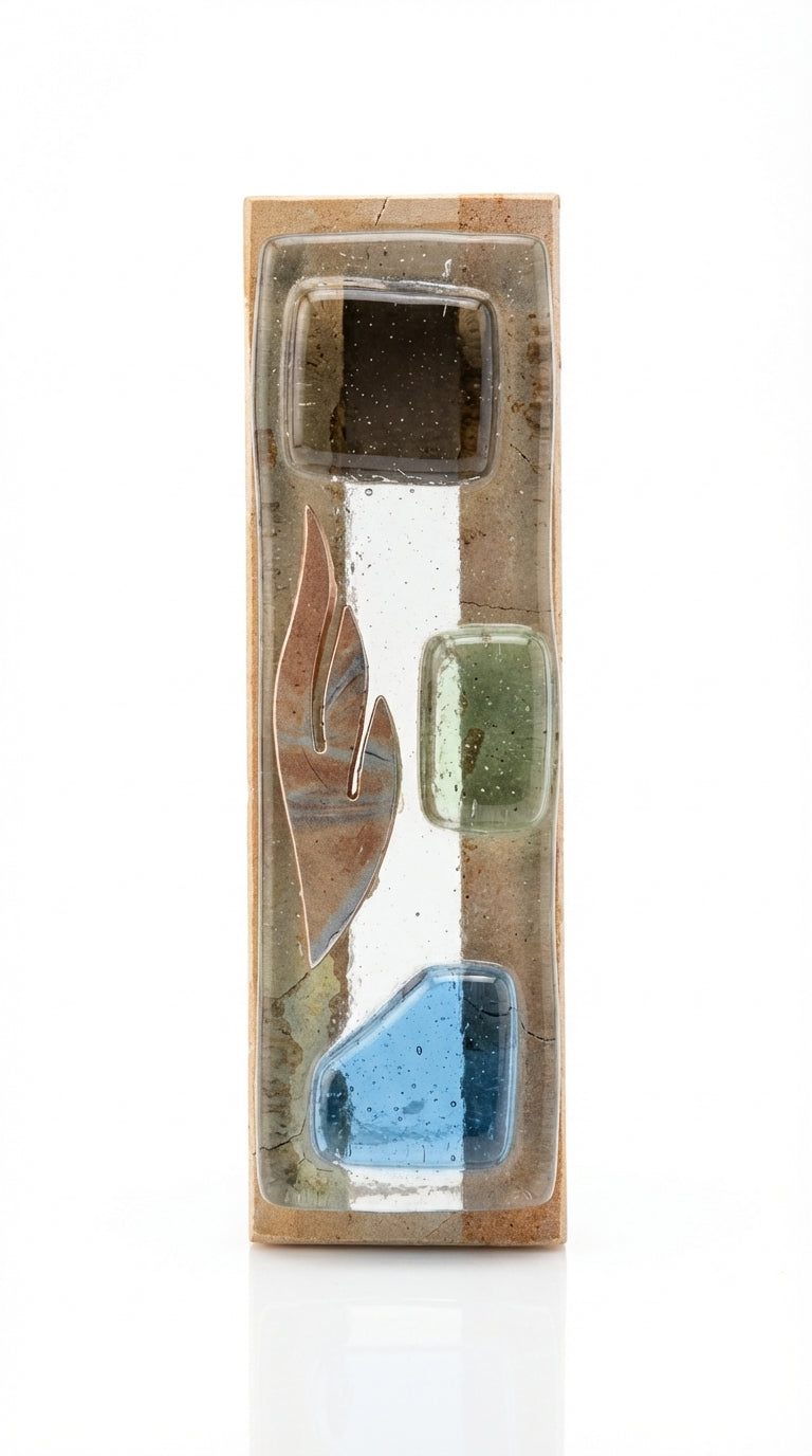 Elegant glass and Jerusalem Stone Mezuzah crafted in Israel, with detailed surface textures and decorative Hebrew engravings, on a clean white background.