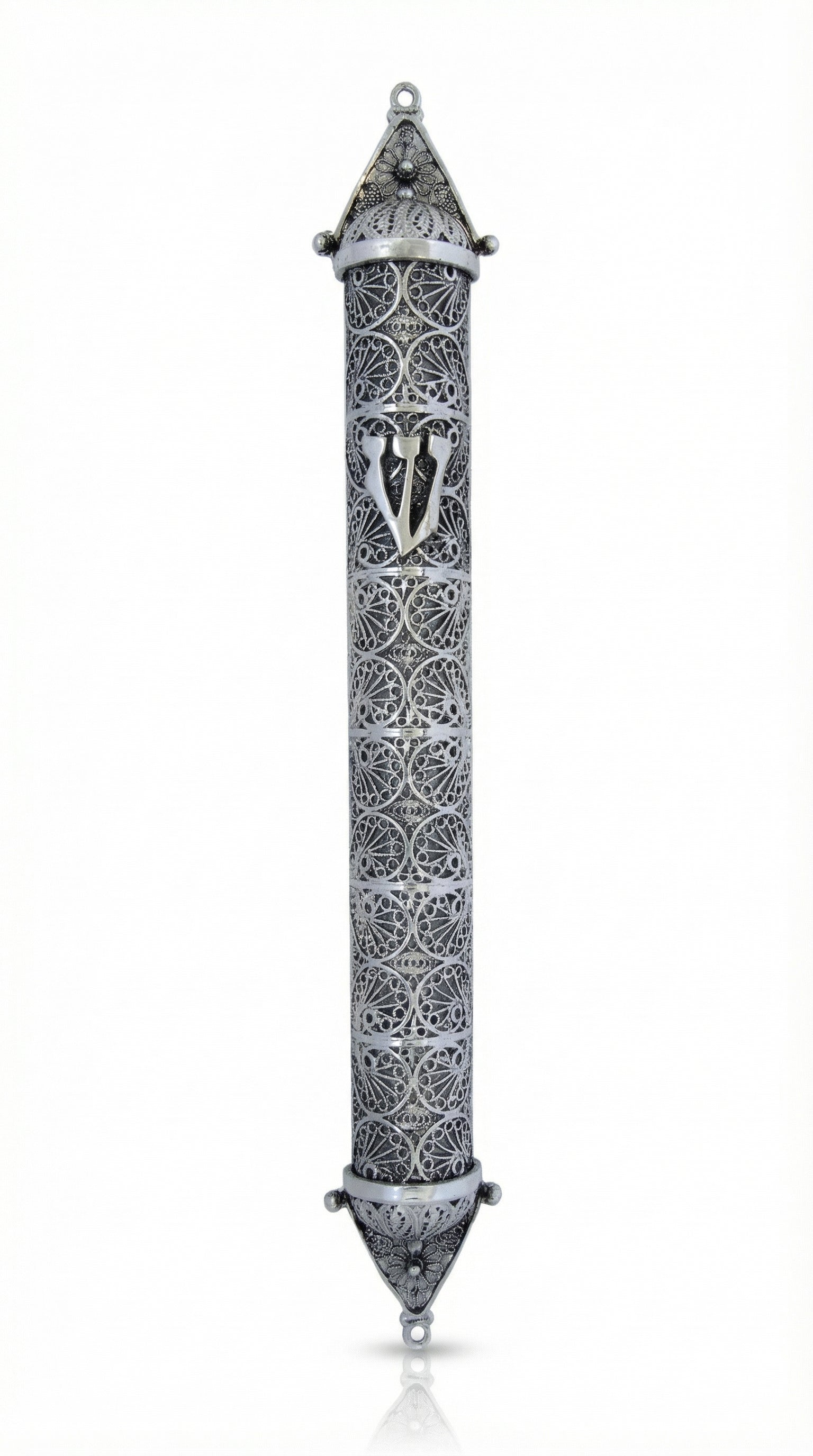 extra-large silver mezuzah with intricate filigree and transparent design