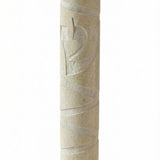 High-resolution image of a handcrafted Jerusalem Stone mezuzah with detailed surface textures, Hebrew inscriptions, and decorative motifs on a white background.