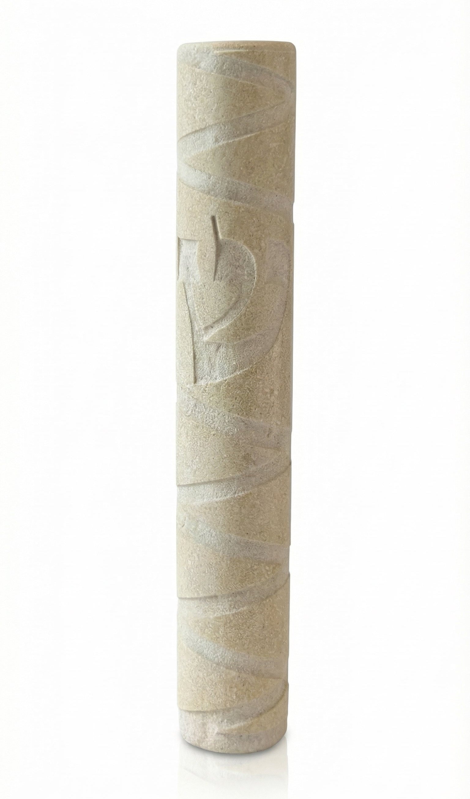 High-resolution image of a handcrafted Jerusalem Stone mezuzah with detailed surface textures, Hebrew inscriptions, and decorative motifs on a white background.
