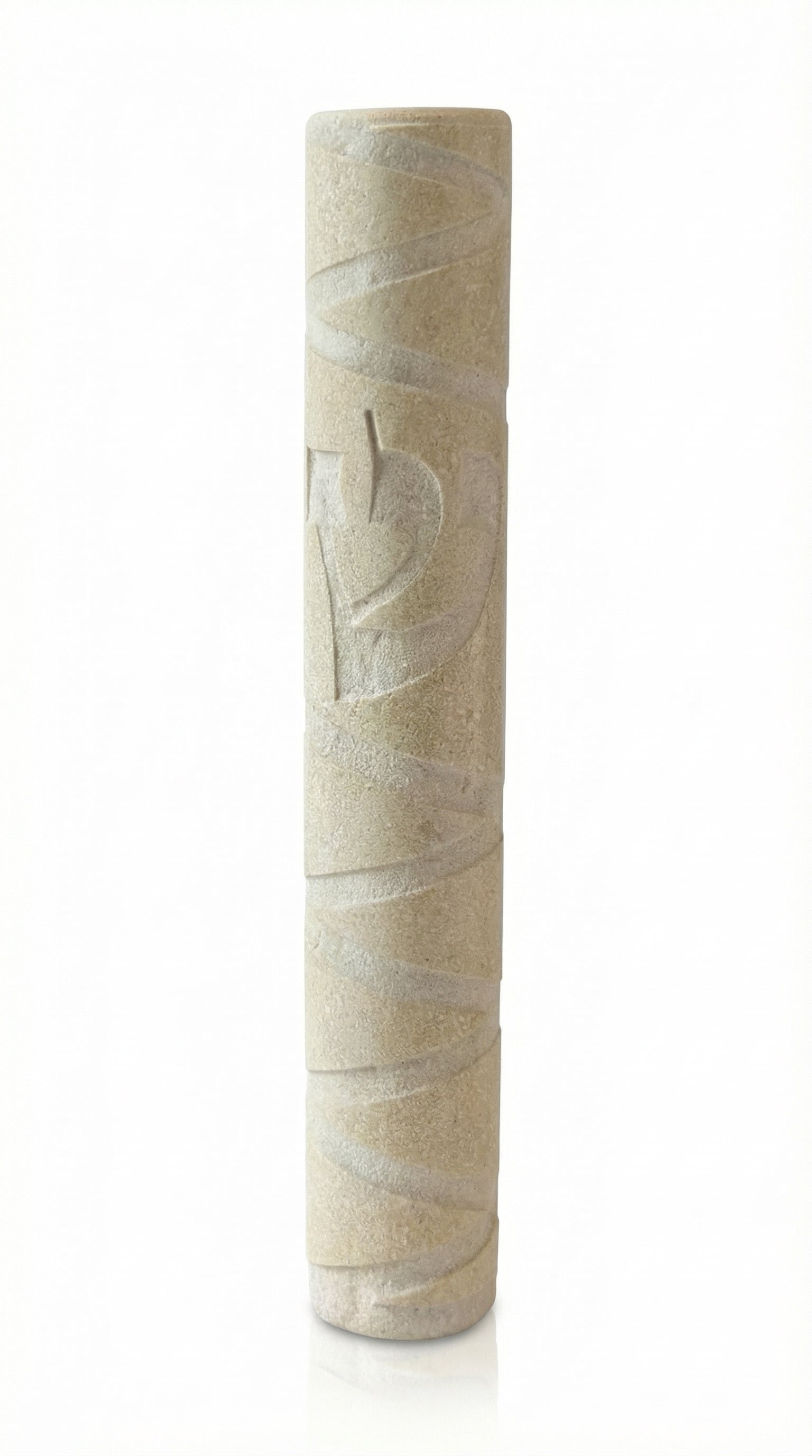 High-resolution image of a handcrafted Jerusalem Stone mezuzah with detailed surface textures, Hebrew inscriptions, and decorative motifs on a white background.