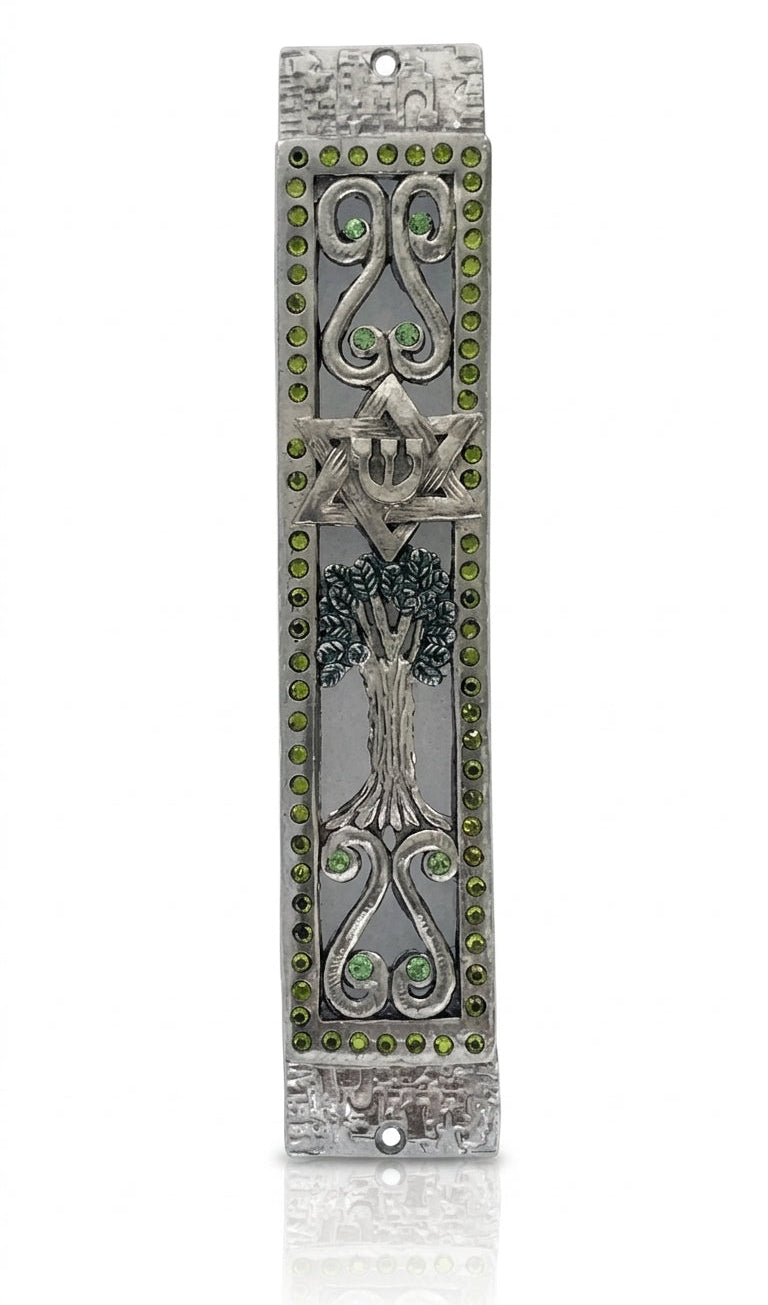 Golani Brigade-themed Mezuzah with olive tree design in pewter, detailed with Swarovski stones, on a white background with subtle reflection.