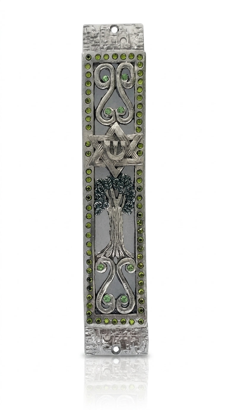 Golani Brigade-themed Mezuzah with olive tree design in pewter, detailed with Swarovski stones, on a white background with subtle reflection.