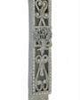 Pewter Golani Mezuzah with olive tree design, Swarovski stones, in a studio setting with white background and soft reflection.