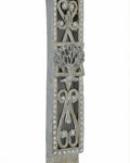 Pewter Golani Mezuzah with olive tree design, Swarovski stones, in a studio setting with white background and soft reflection.