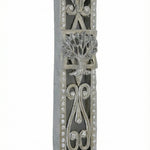Pewter Golani Mezuzah with olive tree design, Swarovski stones, in a studio setting with white background and soft reflection.