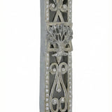 Pewter Golani Mezuzah with olive tree design, Swarovski stones, in a studio setting with white background and soft reflection.