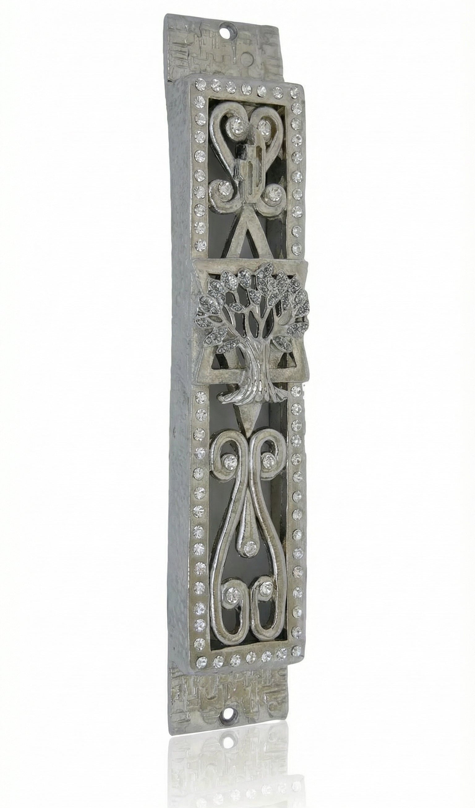 Pewter Golani Mezuzah with olive tree design, Swarovski stones, in a studio setting with white background and soft reflection.