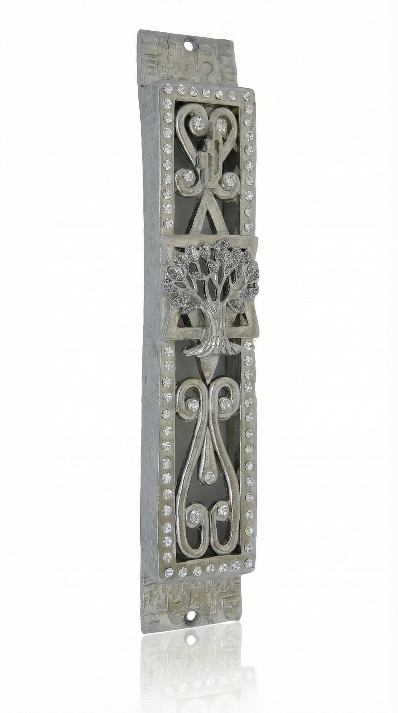Pewter Golani Mezuzah with olive tree design, Swarovski stones, in a studio setting with white background and soft reflection.