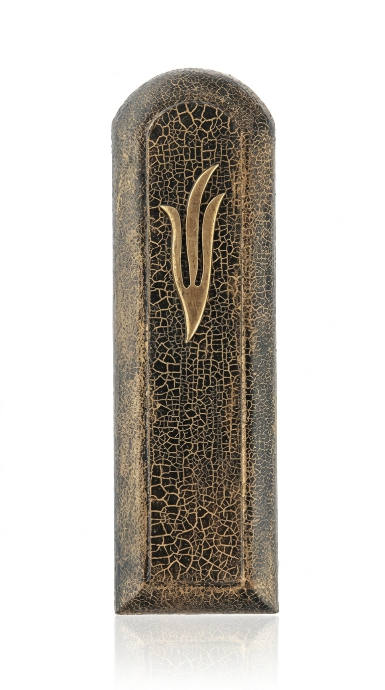 Elegant gold and black fusion mezuzah with intricate engraved Hebrew lettering and decorative motifs, displayed on a white studio background with subtle reflection.