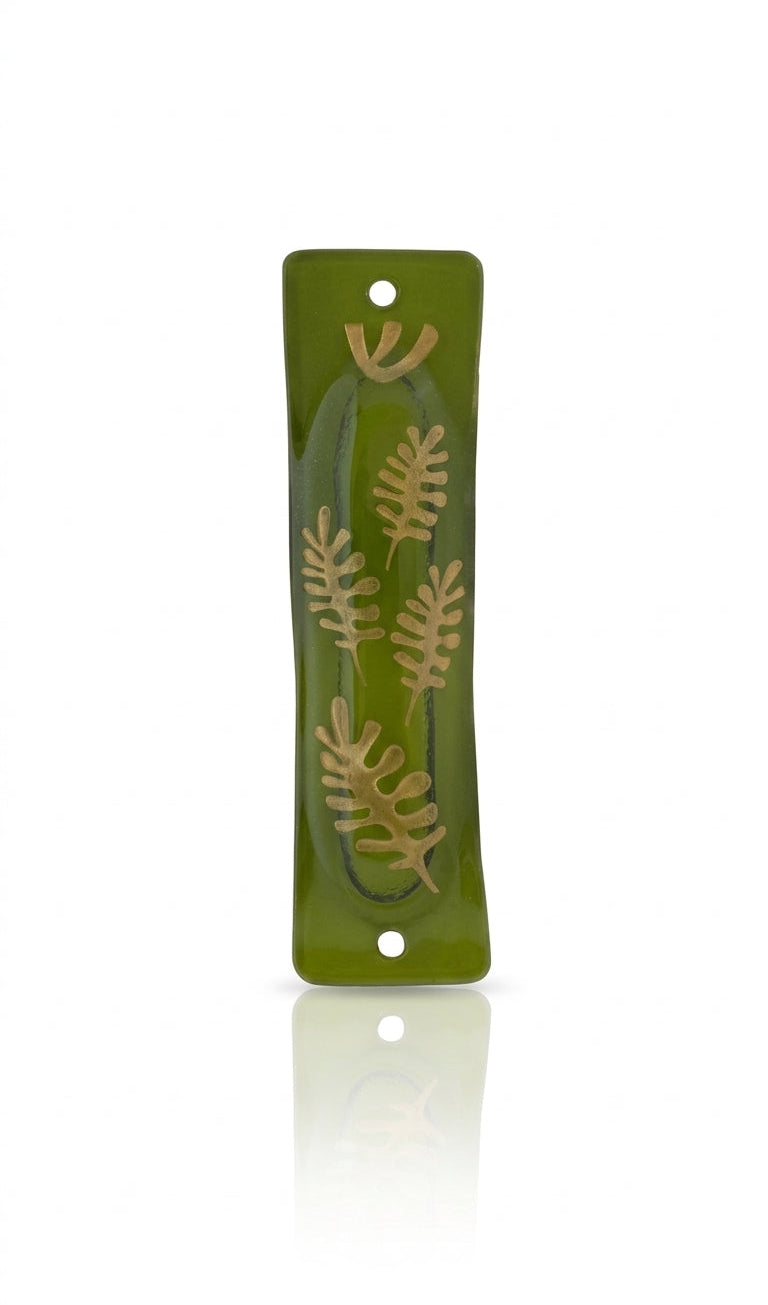 High-quality glass mezuzah with gold branch design, measured 4.5 inches tall, suitable for doorways, with detailed engravings and Hebrew characters.