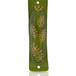 High-quality glass mezuzah with gold branch design, measured 4.5 inches tall, suitable for doorways, with detailed engravings and Hebrew characters.