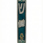 Elegant gold Hamsa Mezuzah with intricate Hebrew engravings and decorative motifs for home blessing.