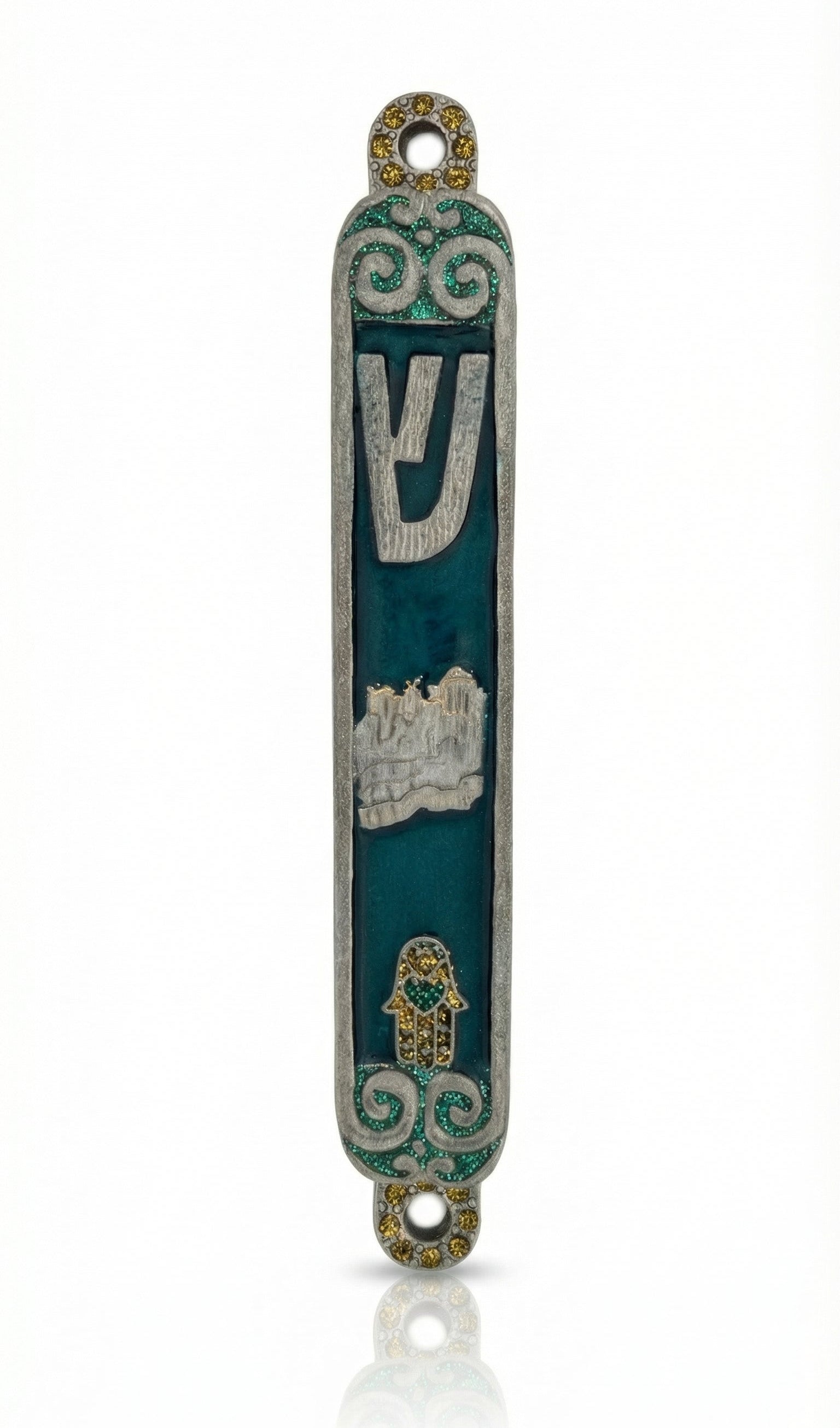 Elegant gold Hamsa Mezuzah with intricate Hebrew engravings and decorative motifs for home blessing.