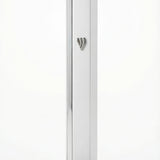 Gold mezuzah with intricate carvings and Hebrew inscriptions against a bright white background with soft reflection