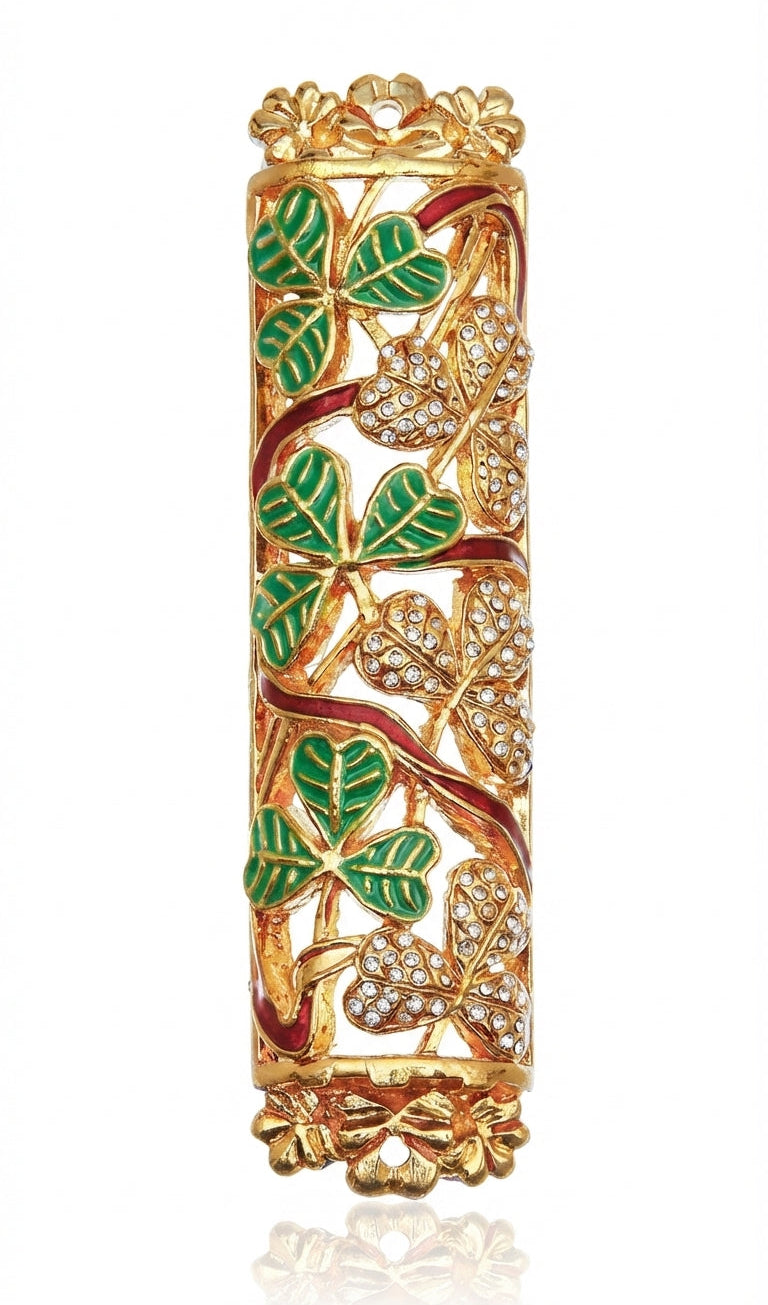 Secret Garden mezuzah with 24k gold coating, Swarovski crystals, and intricate floral motifs, perfect for Jewish home decor.