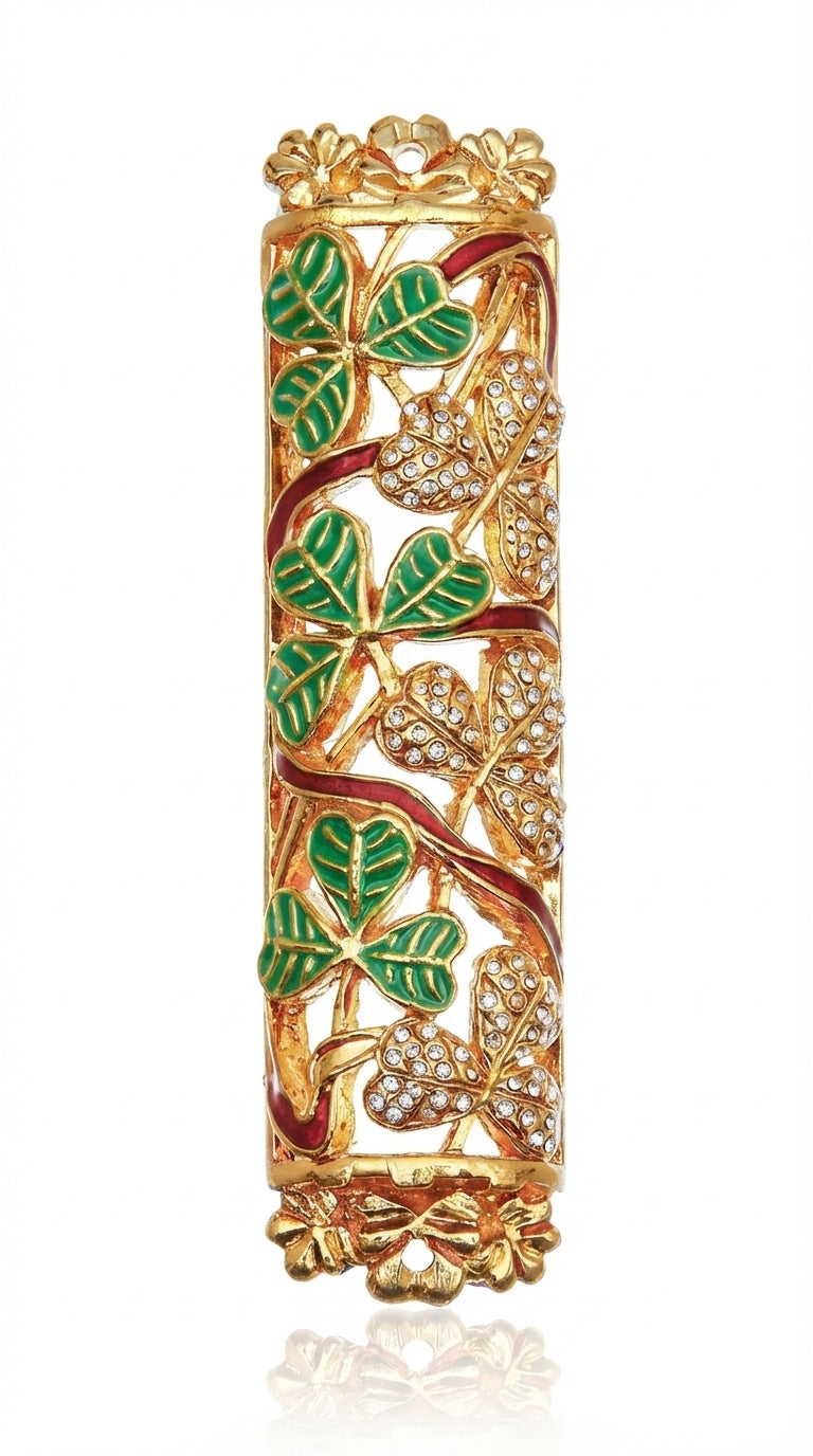 Secret Garden mezuzah with 24k gold coating, Swarovski crystals, and intricate floral motifs, perfect for Jewish home decor.
