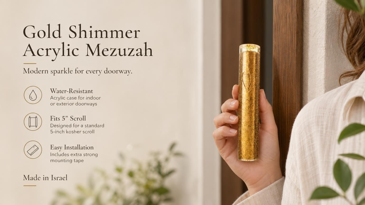 Gold Shimmer acrylic mezuzah case held beside a modern doorway, featuring a clear cylindrical acrylic body filled with sparkling gold accents and a subtle Hebrew Shin design. Made in Israel, this contemporary gold mezuzah case fits a 5-inch kosher mezuzah scroll and works beautifully on indoor or protected exterior doorways