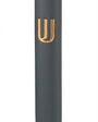 Gold Shin Mezuzah made in Israel from cement, 6 inches tall, adorned with detailed Hebrew inscriptions and decorative motifs, mounted on a white background.
