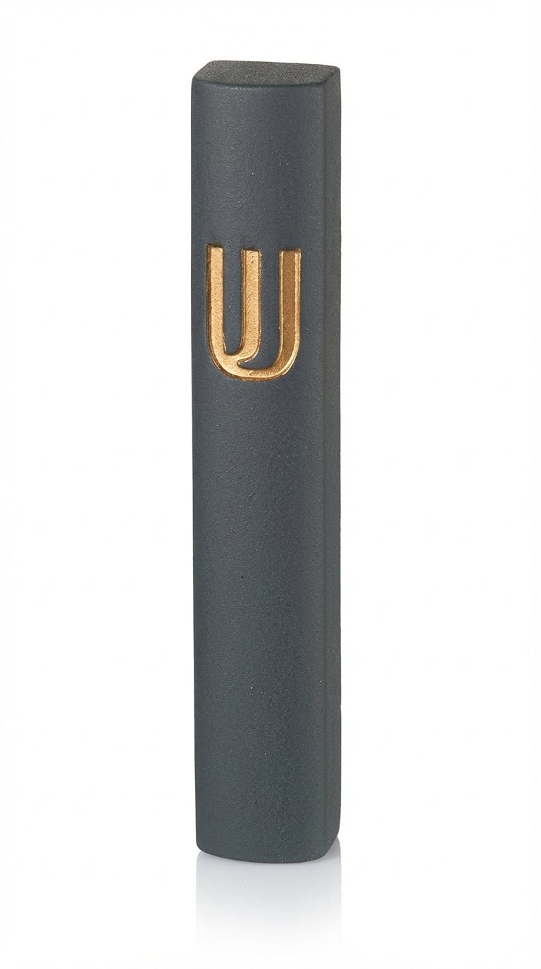 Gold Shin Mezuzah made in Israel from cement, 6 inches tall, adorned with detailed Hebrew inscriptions and decorative motifs, mounted on a white background.