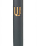 Gold Shin Mezuzah made in Israel from cement, 6 inches tall, adorned with detailed Hebrew inscriptions and decorative motifs, mounted on a white background.