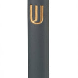 Gold Shin Mezuzah made in Israel from cement, 6 inches tall, adorned with detailed Hebrew inscriptions and decorative motifs, mounted on a white background.
