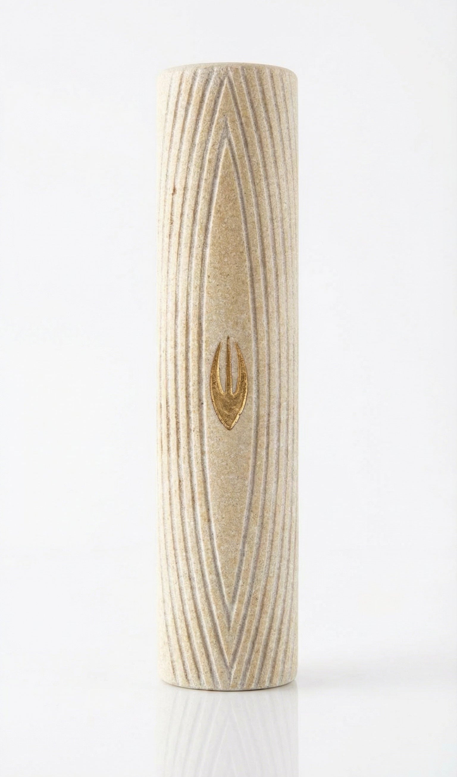 Jewish mezuzah crafted from natural Jerusalem stone with golden accents, detailed carvings, and textured surface, mounted on a neutral white background.