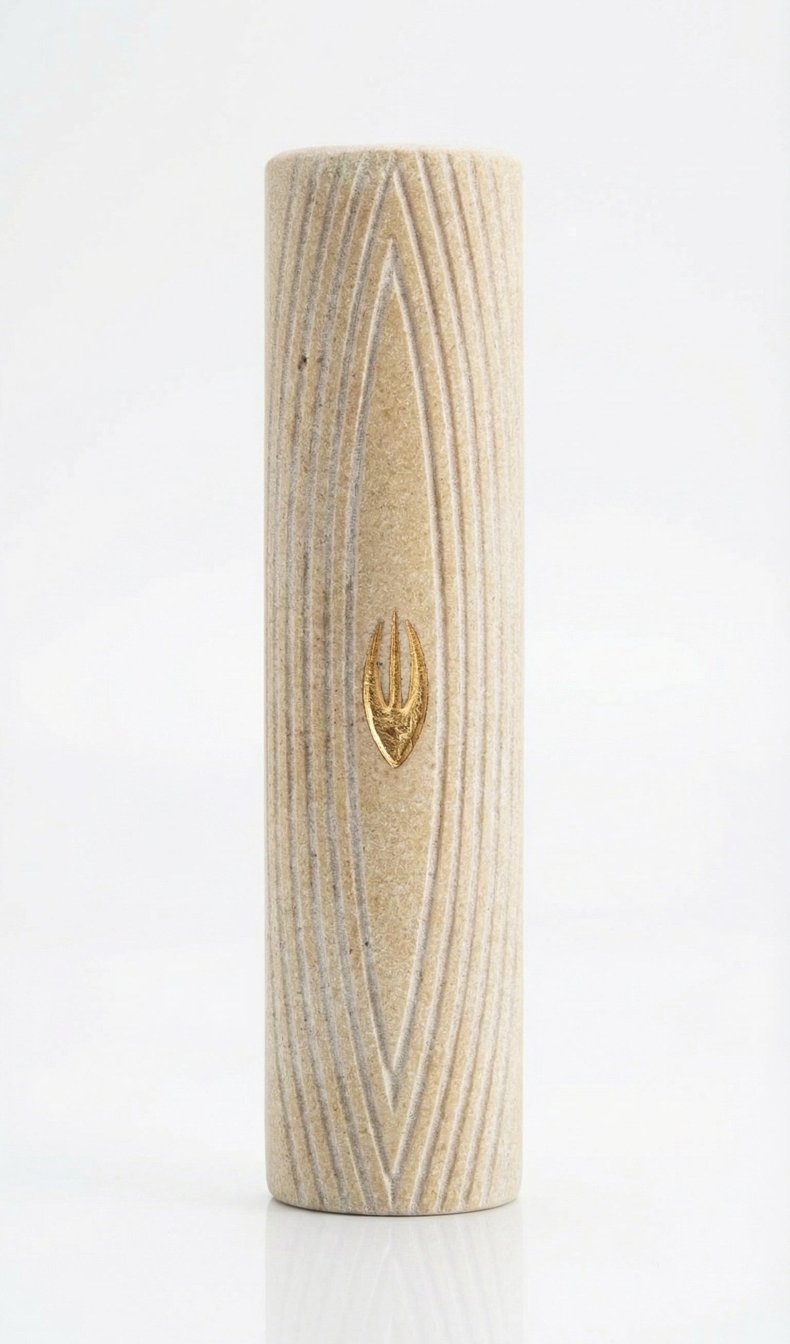 Handcrafted Golden Arch Mezuzah made from Jerusalem stone, showcasing natural variations, intricate engravings, and decorative motifs on a white studio background.